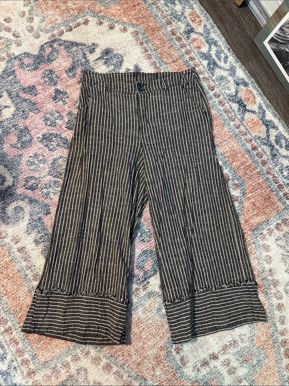 Striped Linen Blend Dark Denim Blue & Cream Cropped Ruffle Hem Pants